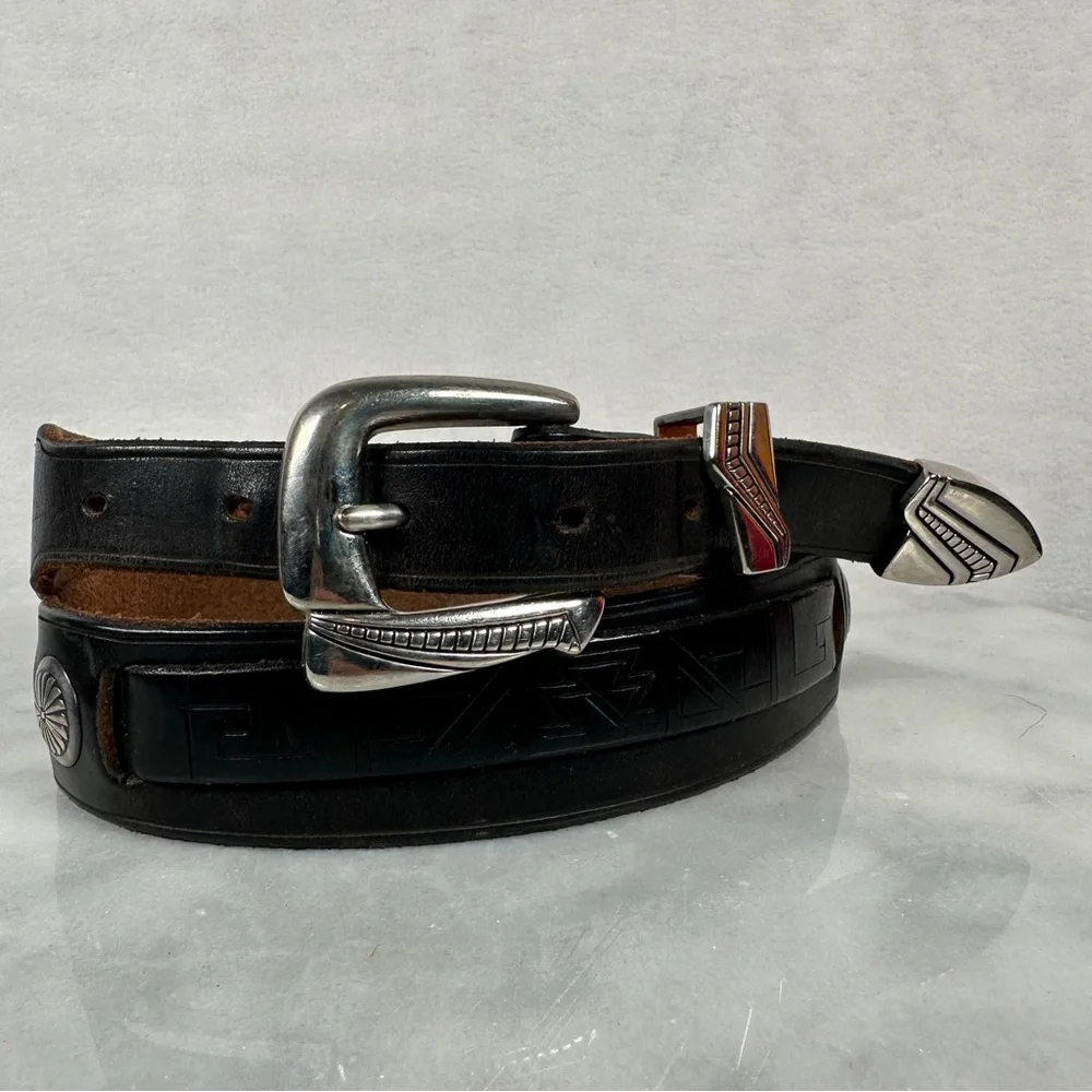 Black Leather Belt western Silver Buckle concho southwestern cowboy cowgirl boho